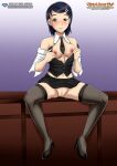1girl ass bare_legs bare_shoulders bbmbbf belly best_student_council black_hair black_high_heels black_legwear blush breasts brown_eyes buttons cleft_of_venus clitoris desk erect_nipples female_focus female_human female_only gokujou_seitokai hair_clip hair_ornament hair_pin hairclip hairpin high_heels high_res ichikawa_mayura looking_at_viewer navel nipples no_bra no_panties on_desk open_clothes open_shirt palcomix pietro&#039;s_secret_club purple_background pussy revealing_clothes short_hair sitting sitting_on_desk sleeveless small_breasts smile solo_female solo_focus stockings stomach thick_thighs thighs tied