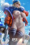  1girl apex_legends big_ass big_breasts blonde_hair blue_eyes cleavage horny pussy_hair sakimichan stockings teasing thick_thighs wattson_(apex_legends) 