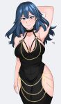 1girl absurd_res alternate_costume arm_behind_head artist_name bare_shoulders big_breasts black_dress blue_eyes blush byleth_(fire_emblem) byleth_(fire_emblem)_(female) cleavage_cutout clothing_cutout dress fire_emblem fire_emblem:_three_houses garreg_mach_monastery_uniform halterneck high_res hip_vent kgctcg long_hair looking_at_viewer meme_attire modakawa_dress multiple_boys multiple_girls nintendo o-ring o-ring_dress small_breasts smile solo_focus teal_hair thumbs_up upside-down