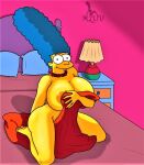  ass blue_hair kneel large_areolae marge_simpson massive_breasts mluv_(artist) pearls the_simpsons thighs yellow_skin 