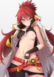 1girl archway_of_venus asymmetrical_clothes asymmetrical_gloves belt black_gloves blazing_heart_(elsword) blush breast_slip breasts breasts_apart chain cowboy_shot elesis_(elsword) elsword eyes_visible_through_hair fingerless_gloves gloves grin long_hair looking_at_viewer navel nipples one_breast_out_of_clothes pants_pull parted_lips pussy red_eyes red_hair simple_background single_pantsleg smile spiky_hair v-shaped_eyebrows waero white_background 