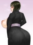 1girl ass big_ass black_hair breasts_outside clothing female_only from_behind fully_clothed huge_ass huge_breasts kimono lips long_hair looking_at_viewer makeup milileonaorochi mole naruto naruto_shippuden open_clothes shizune sideboob trembling voluptuous 