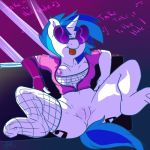  2014 anthro anthrofied arnachy blue_hair bottomless breasts clothing equine eyewear female fishnet friendship_is_magic fur furry hair horn horse mammal my_little_pony nipple_slip pony pussy solo spread_legs spreading sunglasses text tongue vinyl_scratch 