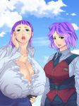  2girls breasts cleavage collarbone female gigantic_breasts glasses green_eyes large_breasts lips multiple_girls open_mouth peach_q puffy_nipples purple_hair q_peach 
