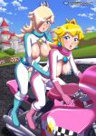 2_girls bbmbbf blonde_hair blue_eyes blush bodysuit breast_grab breasts crown dildo dildo_in_pussy earrings exposed_breasts exposed_pussy mario_kart* motorcycle neckerchief nintendo nipples open_mouth palcomix princess_peach princess_rosalina pussy pussy_juice super_mario_bros. yuri yuri_haven