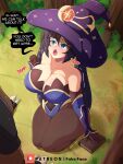  1boy 1girl big_breasts blue_eyes blush breasts curvy_figure fake_face genshin_impact gloves high_resolution kneel leotard mona_(genshin_impact) monster pantyhose speech_bubble text thick_thighs trembling twin_tails wide_hips witch_hat 