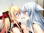  2girls animal_ears arm arms art artist_request blonde blonde_hair blush crown eye_contact female food hair long_hair looking_at_another multiple_girls pocky pocky_kiss red_eyes restrained shared_food silver_hair surprised twintails wrist_grab yuri 
