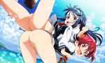  2girls ass back-to-back beach bent_over blue_eyes blue_hair blush bottomless carrying cloud exercise female futaba_aoi_(vividred_operation) hair_ornament hairband isshiki_akane leg_lift locked_arms long_hair looking_at_viewer looking_back lying multiple_girls nude_filter ocean on_back open_mouth orange_eyes photoshop pussy red_hair school_uniform shoes short_hair short_twintails sky socks spread_legs stretch tanaka_yuusuke thighs twintails uncensored vividred_operation water 
