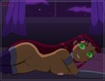 1girl darkdpx3 dc_comics green_eyes laying_on_bed nipples nude orange_skin pussy red_hair sideboob starfire teen_titans