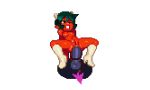  1girl aliasing anal anal_object_insertion breasts demon_girl devil_girl dildo_sitting green_hair helvetica_(succubus_game) high_heels horns kneehighs large_insertion lowres navel nipples noill nude one_eye_closed open_mouth pixel_art pussy red_skin short_hair simple_background spade_tail spread_legs succubus succubus_game tail tail_wrap uncensored white_background wink 