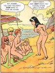archie_andrews archie_comics beach black_hair blonde_hair breasts cleavage comic edit erection humor multiple_girls nipples nude nude_beach nude_female public_nudity pussy red_hair sunglasses veronica_lodge yelling