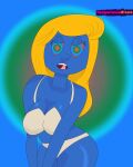 1girl blonde_hair blue_skin bra breasts hanna-barbera hypnosis hypnotized long_hair mind_control open_mouth panties smurfette solo_female solo_focus temperancedraws the_smurfs tongue tongue_out underwear
