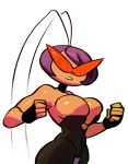  1girl antennae bare_shoulders black_torch bodysuit breasts choker clenched_hands fallout_(black_torch) fingerless_gloves gloves impossible_clothes kamina_shades large_breasts noill pantyhose purple_hair short_hair solo 