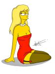  1girl arm art bare_shoulders blonde_hair breasts brown_thighhighs cleavage dress eyelashes garter_straps half-closed_eyes jewelry lisa_simpson long_hair looking_at_viewer necklace pearl_necklace red_dress simple_background sitting smile solo strapless strapless_dress the_simpsons thighhighs white_background yellow_skin 
