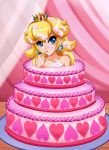  1girl birthday blonde_hair blue_eyes blush cake crown earrings female food highres jewelry nintendo princess_peach princess_rosalina sigurd_hosenfeld sigurdhosenfeld solo super_mario_bros. 