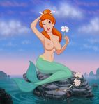 1girl breasts drew_gardner_(artist) female female_only flower holding_flower mermaid mermaid_(peter_pan) nude outdoor outside peter_pan red_hair solo topless