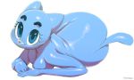  1girl 2014 anthro ass big_ass blue_eyes blue_fur breasts cat cute feline female full_body fur looking_at_viewer lying mammal milf mother nicole_watterson nude on_side parent plain_background solo sunibee the_amazing_world_of_gumball white_background 