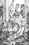 3_toes 6girls \r\n2014 allosaurid allosaurus anthro anthrosaurs archaeopteryx arms_behind_back bdsm bondage breasts claws clothing corset dinosaur fangs feathers feet female full-length_portrait graphite_(artwork) group hand_on_hip hi_res lace legwear lingerie looking_at_viewer monochrome multiple_girls navel nightgown non-mammal_breasts panties pencil_(artwork) portrait predaguy reptile scalie smile stockings stripes theropod tied toe_claws toes topwear traditional_media_(artwork) tyrannosaurid tyrannosaurus tyrannosaurus_rex underwear