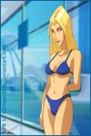 1girl bikini blonde blonde_hair blue_bikini blue_eyes blue_swimsuit cartoongirls_(artist) fantastic_four female female_only invisible_woman looking_at_viewer marvel solo standing sue_storm swimsuit