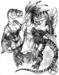 2014 3_toes 3girls allosaurid allosaurus anthro anthrosaurs archaeopteryx black_panties breasts claws clothing corset dinosaur fangs feathers feet female full-length_portrait graphite_(artwork) group hand_on_hip hi_res lace legwear lingerie looking_at_viewer monochrome multiple_girls navel nightgown non-mammal_breasts panties pencil_(artwork) portrait predaguy raditional_media_(artwork) reptile scalie smile stockings stripes theropod toe_claws toes topwear tyrannosaurid tyrannosaurus tyrannosaurus_rex underwear