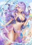  1girl 1girl alcohol alluring armlet bare_shoulders big_breasts bikini breasts camilla_(fire_emblem) camilla_(summer)_(fire_emblem) cleavage collarbone commentary cup drink drinking_glass english_commentary facing_viewer fire_emblem fire_emblem_fates fire_emblem_heroes flower food fruit glass gumae hair_flower hair_ornament hair_over_one_eye halterneck holding holding_cup holding_drinking_glass lips long_hair looking_at_viewer nail_polish navel nintendo official_alternate_costume patreon_username purple_bikini purple_eyes purple_hair sarong summer swimsuit wavy_hair 