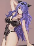  1girl 1girl alluring alternate_costume arm_up armpits aruman bare_shoulders big_breasts breasts camilla_(fire_emblem) closed_mouth fire_emblem fire_emblem_fates fire_emblem_heroes long_hair looking_at_viewer nintendo pink_eyes purple_hair simple_background smile standing upper_body 
