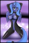  2014 anthro anthrofied arms_behind_head blue_eyes blue_fur blue_hair breasts duo equine female friendship_is_magic fur furry hair horn horse kneel looking_at_viewer mammal my_little_pony nipples princess_luna pussy pussy_juice rubber smile suit teeth winged_unicorn wings xorza_(artist) 