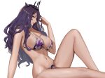  1girl 1girl alluring alternate_costume big_breasts bikini breasts camilla_(fire_emblem) cleavage closed_mouth crown female_focus fire_emblem fire_emblem_fates fire_emblem_heroes j@ck legs long_hair looking_at_viewer navel nintendo purple_bikini purple_hair simple_background sitting smile swimsuit thighs tiara white_background 