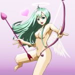  1girl angel_wings artist_request blue_eyes bow_(weapon) breasts gradient gradient_background green_eyes green_hair halo long_hair open_mouth purple_background rhythm_heaven rhythm_tengoku rhythm_tengoku_gold smile solo uncensored weapon wings 