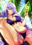  1girl 1girl alluring big_breasts bikini breasts camilla_(fire_emblem) camilla_(summer)_(fire_emblem) cleavage cup drinking_glass esther_shen fire_emblem fire_emblem_fates fire_emblem_heroes flower hair_flower hair_ornament hair_over_one_eye holding holding_cup long_hair nail_polish navel nintendo purple_eyes purple_hair sarong signature swimsuit wine_glass 