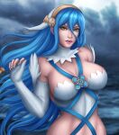 1female 1girl alluring artist_logo artist_signature azura_(fire_emblem) bare_shoulders big_breasts blue_hair breasts cleavage elbow_gloves female female_only fingerless_gloves fire_emblem fire_emblem_fates flowerxl front_view gloves intelligent_systems lips long_hair looking_at_viewer nintendo pale-skinned_female pale_skin pink_lipstick solo upper_body video_game_character yellow_eyes