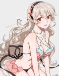 1girl 1girl alluring bikini breasts cleavage commentary_request corrin_(fire_emblem) corrin_(fire_emblem)_(female) fire_emblem fire_emblem_cipher fire_emblem_fates grey_background grey_hair hair_between_eyes hairband high_res long_hair looking_at_viewer navel nintendo official_alternate_costume peach11_01 pointy_ears red_eyes seiza shell shell_bikini simple_background sitting smile starfish starfish_hair_ornament stomach swimsuit twitter_username very_long_hair wavy_hair