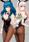 2girls alluring alternate_costume ass back_view blue_eyes bottle breasts bunnysuit byleth byleth_(female) byleth_(fire_emblem) byleth_(fire_emblem)_(female) cleavage corrin_(fire_emblem) corrin_(fire_emblem)_(female) female_only fire_emblem fire_emblem:_three_houses fire_emblem_fates grey_background kgctcg long_hair looking_at_viewer looking_back multiple_girls nintendo red_eyes smile teal_hair waitress