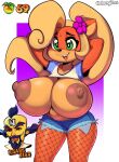  1girl accessory activision alternate_breast_size anthro areola arms_behind_head artist_name bandicoot big_breasts blonde_hair breasts clothed clothing coco_bandicoot countershade_face countershade_torso countershading crash_(series) crash_bandicoot_(series) dongitos exposed exposed_breasts female_focus fishnet_legwear fishnet_stockings fishnets flower flower_in_hair furry gigantic_breasts green_eyes hair hair_accessory hair_ornament hands_behind_head huge_breasts legwear long_hair mammal marsupial multicolored_body multicolored_face multicolored_skin navel neo_cortex nervous_smile nipples no_bra open-mouth_smile open_mouth open_smile orange_body orange_skin portrait presenting presenting_breasts sexy sexy_body sexy_breasts shirt short_shorts shorts simple_background smile solo_focus standing stockings sweat tan_body tan_countershading tan_skin thick_thighs thighs three-quarter_portrait top_heavy two_tone_body two_tone_face two_tone_skin white_background wumpa_fruit 