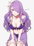  1girl alluring alternate_costume big_breasts bikini breasts camilla_(fire_emblem) camilla_(summer)_(fire_emblem) cleavage closed_mouth collarbone commentary_request fingernails fire_emblem fire_emblem_fates fire_emblem_heroes flower grey_background hair_flower hair_ornament hair_over_one_eye halterneck hibiscus high_res long_hair looking_at_viewer nail_polish navel nintendo o-ring o-ring_bikini official_alternate_costume one_eye_covered peach11_01 purple_bikini purple_eyes purple_hair purple_nails sarong see-through see-through_skirt simple_background skirt smile string_bikini swimsuit twitter_username wavy_hair wet white_flower 