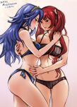  2_girls absurd_res alluring ass bikini blue_bikini blue_eyes blue_hair blush breasts brown_bikini brown_eyes fingernails fire_emblem fire_emblem_awakening hairband hand_on_another&#039;s_hip high_res hip_focus lips lipstick long_hair looking_at_another lucina lucina_(fire_emblem) makeup mina_cream multiple_girls navel nintendo red_hair severa_(fire_emblem) small_breasts smile swimsuit thighs twin_tails yuri 