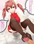  artist_request bed brown_hair china_dress chinese_clothes cum cum_on_body cum_on_feet cum_on_lower_body doskoinpo dress ejaculation feet female footjob hair_ornament legwear long_hair looking_at_viewer red_eyes sheer_legwear sitting soles source_request toes translated twintails 