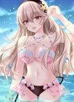  1girl 1girl alluring bikini black_hairband blue_sky blush breasts cleavage collarbone commentary_request corrin_(fire_emblem) corrin_(fire_emblem)_(female) fire_emblem fire_emblem_cipher fire_emblem_fates gluteal_fold grey_hair hair_between_eyes hairband high_res kirishima_riona long_hair looking_at_viewer medium_breasts navel nintendo official_alternate_costume open_mouth outside partially_submerged pointy_ears red_eyes shell shell_bikini sky smile stomach swimsuit water 