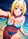  1girl alice_schuberg alluring beach big_breasts bikini blonde_hair blue_eyes cleavage joker_(artist) ocean sword_art_online 