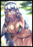  1girl alluring azura_(fire_emblem) big_breasts bikini blue_hair breasts cleavage fire_emblem fire_emblem_fates hands_on_own_chest high_res jewelry long_hair necklace nintendo open_mouth outside swimsuit takecha upper_body veil yellow_eyes 