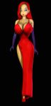  3d animated animated_gif bouncing_breasts breasts cartoon cleavage disney dress elbow_gloves evening_gown eye_shadow eyebrows full_body gif gloves green_eyes high_heels jessica_rabbit long_dress purple_gloves red_dress red_hair redhead slender small_waist tall walking who_framed_roger_rabbit wide_hips 
