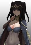  1girl 1girl absurd_res alluring big_breasts black_hair black_nails bodystocking breasts cape cleavage finger_to_mouth fire_emblem fire_emblem_awakening grey_background grey_eyes high_res long_hair looking_at_viewer nail_polish nintendo open_mouth shadow shushing tharja tharja_(fire_emblem) the_only_shoe 