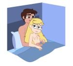  1boy 1girl blonde_hair blue_eyes breasts brown_eyes brown_hair canon_couple in_bed marco_diaz nipples nude nude_female nude_male star_butterfly star_vs_the_forces_of_evil 