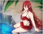 1girl alluring bare_shoulders bikini bikini_skirt blush breasts cleavage commentary cordelia_(fire_emblem) cordelia_(summer)_(fire_emblem) fire_emblem fire_emblem_awakening frills hair_ornament high_res long_hair looking_at_viewer medium_breasts nintendo palm_tree red_bikini red_eyes red_hair sitting smile swimsuit thank_you tree tusia very_long_hair water