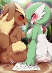  2_girls bar_censor blush censored_pussy dagasi drooling gardevoir heart-shaped_pupils hearts_around_head looking_at_viewer looking_back lopunny medium_breasts open_mouth pokemon presenting pussy 