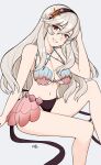 1girl absurd_res alluring big_breasts bikini black_hairband breasts cleavage corrin_(fire_emblem) corrin_(fire_emblem)_(female) fire_emblem fire_emblem_cipher fire_emblem_fates hairband hand_on_own_head high_res kgctcg long_hair looking_at_viewer nintendo official_alternate_costume pointy_ears red_eyes shell shell_bikini smile swimsuit white_hair