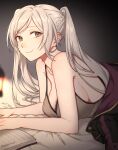 1girl alluring alternate_breast_size big_breasts book breasts brown_eyes cleavage fire_emblem fire_emblem_awakening gloves high_res long_hair looking_at_viewer lying nintendo on_stomach peach11_01 reading robe robin_(fire_emblem) robin_(fire_emblem)_(female) sideboob smile tank_top twin_tails upper_body white_hair