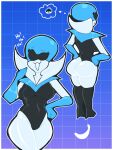 1girl 4_fingers ass banana big_ass black_boots black_eyes blue_background blue_body blue_gloves blue_lipstick boots breasts bubble_butt clothed clothing darkner deltarune deltarune_chapter_2 eyelashes female gloves gradient_background hands_on_hips high_heel_boots hosses21 lancer_(deltarune) latex latex_armwear latex_clothing latex_gloves latex_suit laughing lips lipstick milf multicolored_body open_mouth queen_(deltarune) robot shiny_clothes shiny_skin simple_background solo_female standing text undertale_(series) white_body wide_hips