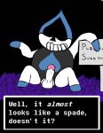 1boy 2018 2d 2d_(artwork) balls clothing commentary deltarune deltarune_chapter_1 digital_media_(artwork) english english_commentary english_text erect_penis erection grass grin humanoid_penis kuponutters lancer_(deltarune) male male_focus male_only no_humans penis pink_glans sign sitting smile solo_focus solo_male spade teeth testicle text undertale_(series) unknown_species video_games white_penis