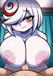  1boy 1girl ai_generated big_breasts blush breasts hair_over_one_eye hands_free_paizuri leaning_forward looking_at_viewer mobians.ai nervous nipples nude paizuri penis pov red_eyes red_highlights sage_(sonic) sega sonic_frontiers two_tone_hair white_hair 